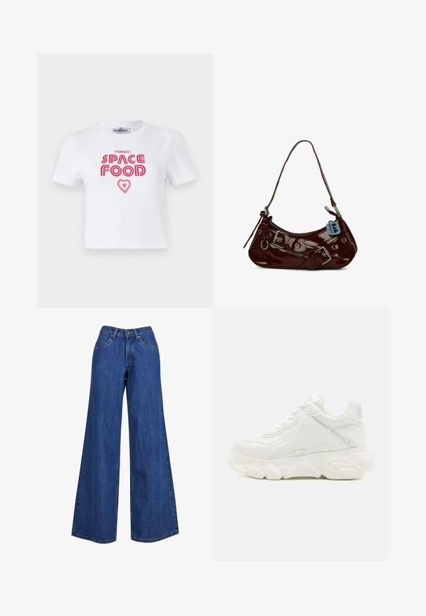 Camiseta de algodón blanca con un gráfico en rojo que dice "COMIDA ESPACIAL" con un acento de corazón, mangas cortas y cuello redondo.; Jeans de mezclilla de pierna ancha en azul medio, con una cintura alta, costuras en contraste y un diseño clásico de cinco bolsillos.; Zapatilla deportiva blanca gruesa con suela gruesa, diseño con cordones y marca "Buffalo" en el lateral y el talón.; Bolso de mano de cuero patent burdeos con forma curva, detalles en metálico plateado y una hebilla decorativa. Presenta una asa corta y cierre de cremallera.
