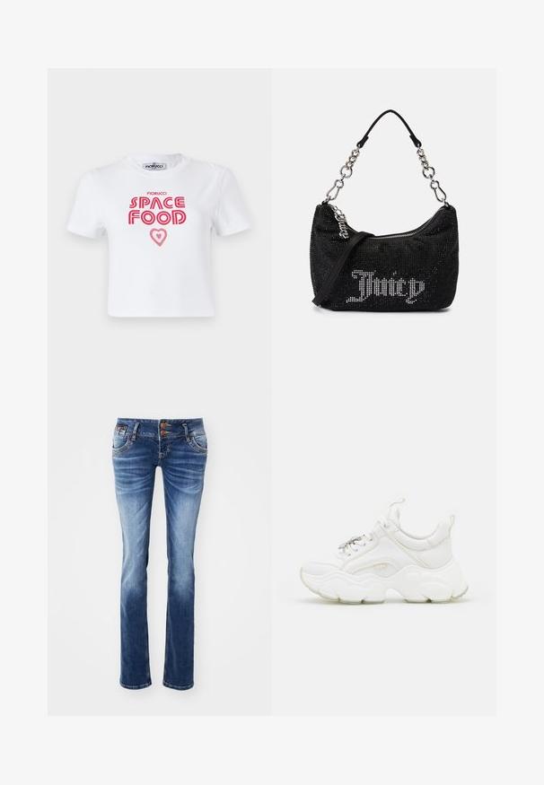 Camiseta de algodón blanca con un gráfico en rojo que dice "COMIDA ESPACIAL" con un acento de corazón, mangas cortas y cuello redondo.; Vaqueros de denim en un degradado de azul claro a oscuro, con un diseño clásico de cinco bolsillos, detalles de botones de metal y un corte recto.; Zapatillas blancas gruesas con materiales de cuero y malla, que cuentan con una suela gruesa, punta redondeada y cordones decorativos. Acentos ligeramente texturizados.; Bolso negro con adornos de strass, de forma curvada y con un asa de cadena plateada. Presenta un zipper y el logo "Juicy" en blanco.