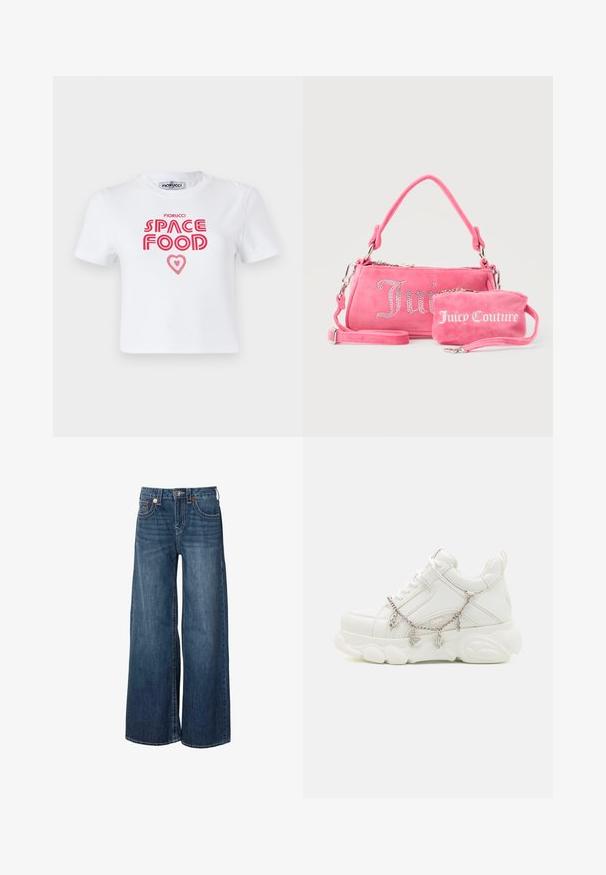 Witte katoenen t-shirt met rode grafische tekst die "SPACE FOOD" leest met een hartaccent, korte mouwen en een ronde hals.; Wijd gesneden jeans van donkerblauwe denim, met een hoge taille, vijf zakken en contrasterende stikseldetails bij de naden.; Witte sneakers met een dikke zool, een gestructureerde leren bovenkant en een decoratieve metalen ketting met bedels. Voorzien van vetersluiting en een gevoerd kraagje.; Twee roze Juicy Couture-tassen, één grotere met kristallen letters en een handvat, één kleinere met witte letters en een polsriempje, op een grijze achtergrond.