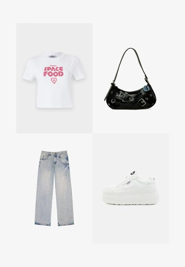 Weißes Baumwoll-T-Shirt mit rotem grafischem Text, der "SPACE FOOD" mit einem Herzakzent liest, kurze Ärmel und Rundhalsausschnitt.; Helle blaue Jeans im Straight-Leg-Design mit abgetragenen Akzenten, fünf Taschen und sichtbaren Nähdetails.; Weiße Plattform-Sneaker mit einer glatten synthetischen Oberfläche, rundem Zehenbereich, gepolstertem Kragen und strukturiertem Profil. Mit einem kontrastierenden Logo-Tag.; Schwarze Lackleder-Handtasche mit geschwungener Form, ausgestattet mit silbernem Beschlag, dekorativen Schnallen und einem kurzen Griff. Blaue Anhängeschild befestigt.