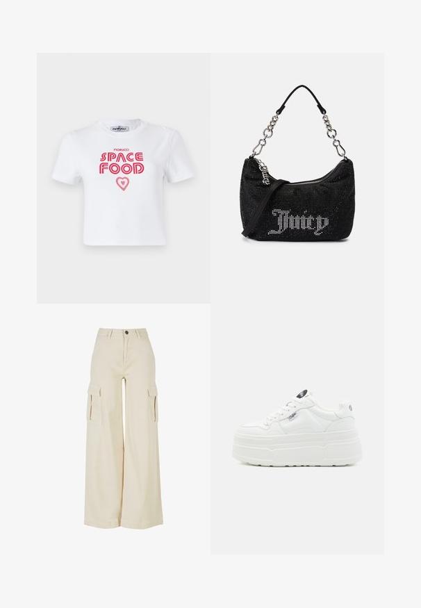 Camiseta de algodón blanca con un gráfico en rojo que dice "COMIDA ESPACIAL" con un acento de corazón, mangas cortas y cuello redondo.; Pantalones cargo de pierna ancha color beige, fabricados en algodón, con dos grandes bolsillos laterales, cierre de botón en la parte delantera y un dobladillo limpio.; Zapatillas de plataforma blancas con un exterior sintético liso, punta redondeada, cuello acolchado y suela texturizada. Presenta una etiqueta de logo en contraste.; Bolso negro con adornos de strass, de forma curvada y con un asa de cadena plateada. Presenta un zipper y el logo "Juicy" en blanco.