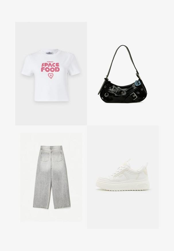 Hvid bomulds t-shirt med rød grafisk tekst, der siger "SPACE FOOD" med et hjerteaccent, korte ærmer og rund halsudskæring.; Løse grå denim jeans med et falmet udseende, med to baglommer og rå kanter.; Hvide lædersneakers med en kraftig sål, snørebåndsdesign og subtil branding. Har en glat overflade og rund tå.; Sort lakeret skuldertaske med en buet form, udsmykket med sølvhardware, dekorative spænder og en kort rem. Blå mærkat vedhæftet.