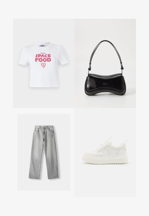 Hvid bomulds t-shirt med rød grafisk tekst, der siger "SPACE FOOD" med et hjerteaccent, korte ærmer og rund halsudskæring.; Lys grå denim jeans med lige pasform, der har to frontlommer, en knappelukning og diskrete slidser for tekstur.; Hvide lædersneakers med en kraftig sål, snørebåndsdesign og subtil branding. Har en glat overflade og rund tå.; Sort patentlæder håndtaske med en buet form, et enkelt håndtag og en rund bund. Har en subtil logo-detalje på forsiden.