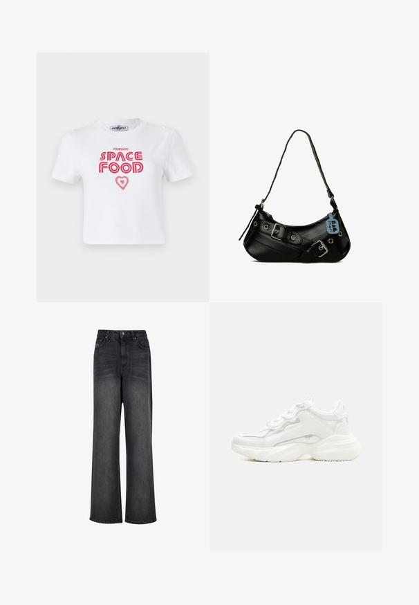 Hvid bomulds t-shirt med rød grafisk tekst, der siger "SPACE FOOD" med et hjerteaccent, korte ærmer og rund halsudskæring.; Bredde ben sorte denim jeans med en glat tekstur, der har høj talje, forlommer og knaplukning.; Hvid chunky sneaker med tyk sål, snørelukning foran og glat syntetisk overdel med subtile syningsdetaljer.; Sort syntetisk håndtaske med en buet form, justerbar rem og dekorative metalspænder. Har en glat, blank tekstur.