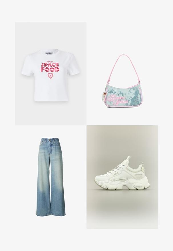Witte katoenen t-shirt met rode grafische tekst die "SPACE FOOD" leest met een hartaccent, korte mouwen en een ronde hals.; Wijde spijkerbroek in lichtblauw met hoge taille, knoopsluiting en een vervaagde textuur die subtiele tinten benadrukt.; Witte chunky sneaker met dikke, gestructureerde zool, bovenwerk van mesh en leer, vetersluiting en treklusjes op tong en hiel.; Kleine denim handtas met roze bies, met zwart-witte foto's van Britney Spears, ontwerp met stervormige strass-steentjes en een vastgemaakt plastic ID-label.