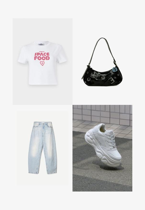 Weißes Baumwoll-T-Shirt mit rotem grafischem Text, der "SPACE FOOD" mit einem Herzakzent liest, kurze Ärmel und Rundhalsausschnitt.; Hellblaue Jeans aus Denim mit lockerer Passform, im ausgewaschenen Finish, zwei Fronttaschen und einem Knopfverschluss am Bund.; Weiße Leder-Sneaker mit einer massiven Sohle, strukturierten Details und Schnürverschluss. Verfügt über geformte Akzente und eine glatte Oberfläche.; Schwarze Lackleder-Handtasche mit geschwungener Form, ausgestattet mit silbernem Beschlag, dekorativen Schnallen und einem kurzen Griff. Blaue Anhängeschild befestigt.