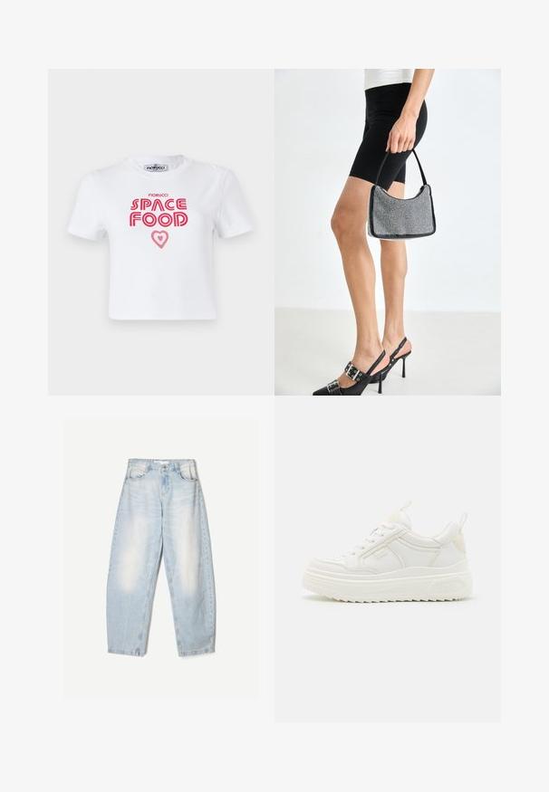T-shirt en coton blanc avec un texte graphique rouge qui dit "NOURRITURE SPATIALE" avec un accent en forme de cœur, manches courtes et col rond.; Jean en denim bleu clair à coupe décontractée, avec une finition délavée, deux poches avant et une fermeture par bouton au niveau de la taille.; Baskets en cuir blanc avec une semelle épaisse, design à lacets et branding subtil. Présentent une texture lisse et un bout arrondi.; Sac à main à perles noires avec une silhouette courbée, une poignée de transport et une texture brillante. Porté avec des chaussures à talons hauts noires et un short noir ajusté.