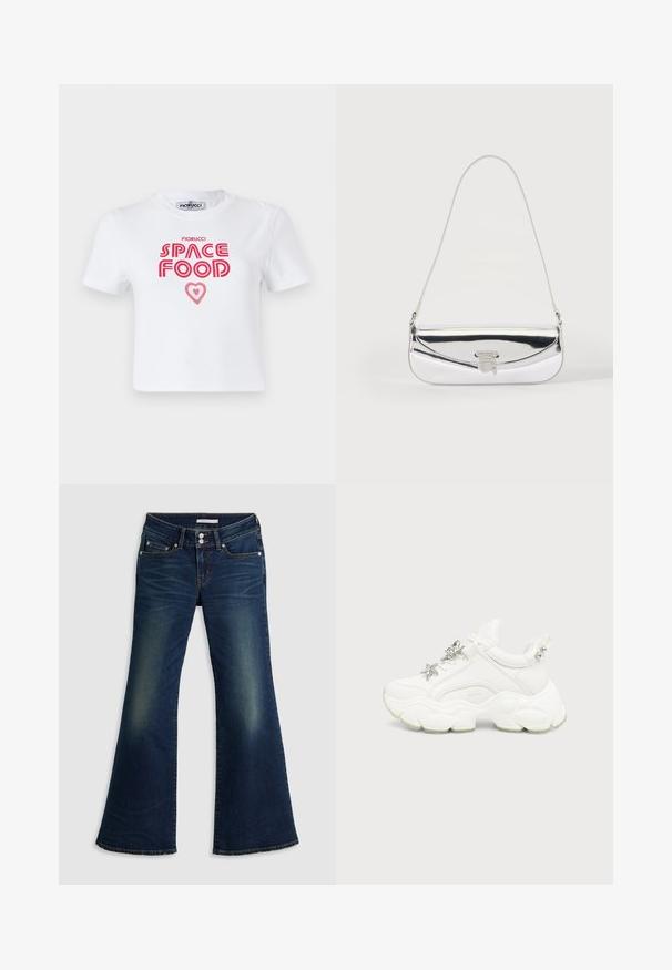 Weißes Baumwoll-T-Shirt mit rotem grafischem Text, der "SPACE FOOD" mit einem Herzakzent liest, kurze Ärmel und Rundhalsausschnitt.; Dunkelblaue Jeans im Super-Low-Flare-Schnitt mit Front- und Gesäßtaschen, doppeltem Knopfverschluss und verwaschenen Details an Oberschenkeln und Knien.; Weißer klobiger Sneaker mit dicker, strukturierter Sohle, silbernem Stern und Schmetterlingsverzierungen auf weißen Schnürsenkeln sowie silbernen Nieten an der Fersenlasche.; Kleine silberne Schultertasche mit einem dünnen Riemen und einer vorderen Klappe, die mit einem Metallverschluss gesichert ist.