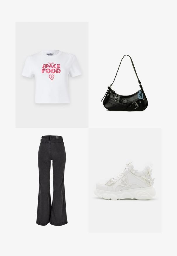 Hvid bomulds t-shirt med rød grafisk tekst, der siger "SPACE FOOD" med et hjerteaccent, korte ærmer og rund halsudskæring.; Sorte flared jeans med en glat tekstur, høj talje og et mærke på bagsiden. Har en vid bukseben design og forstærkede syninger.; Hvid chunky sneaker med tyk sål og dekorative 3D sommerfugle detaljer på siden, snørebånd og hæl.; Sort syntetisk håndtaske med en buet form, justerbar rem og dekorative metalspænder. Har en glat, blank tekstur.