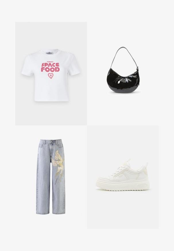 Witte katoenen t-shirt met rode grafische tekst die "SPACE FOOD" leest met een hartaccent, korte mouwen en een ronde hals.; Lichtblauwe wijde jeans met een vlinderontwerp in gouden en ivoorkleurige borduursels, met decoratieve stikdetails.; Witte leren sneakers met een stevige zool, vetersluiting en subtiele branding. Heeft een zachte textuur en een ronde neus.; Zwarte gepatineerde leren handtas met een gebogen vorm, enkele schouderriem, ritssluiting en een decoratieve metalen logo. Gladde textuur.