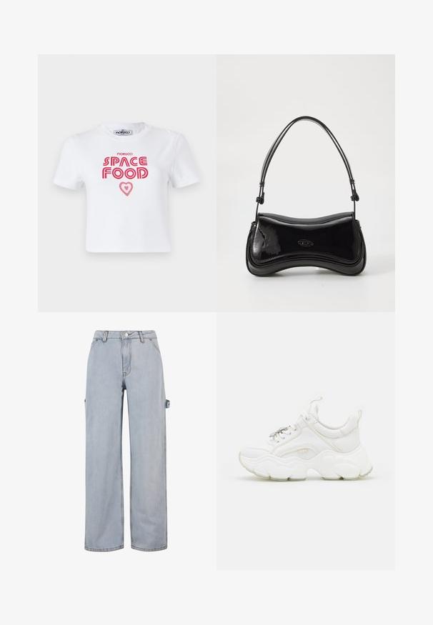 Hvid bomulds t-shirt med rød grafisk tekst, der siger "SPACE FOOD" med et hjerteaccent, korte ærmer og rund halsudskæring.; Lyseblå denimjeans med brede ben, knap- og lynlåslukning, bæltestropper og en sideløkke detalje på det ene ben. Ingen synlige slidmærker.; Hvide chunky sneakers lavet af læder og mesh-materialer, med en tyk sål, rund tå og dekorative snørebånd. Let teksturerede detaljer.; Sort patentlæder håndtaske med en buet form, et enkelt håndtag og en rund bund. Har en subtil logo-detalje på forsiden.
