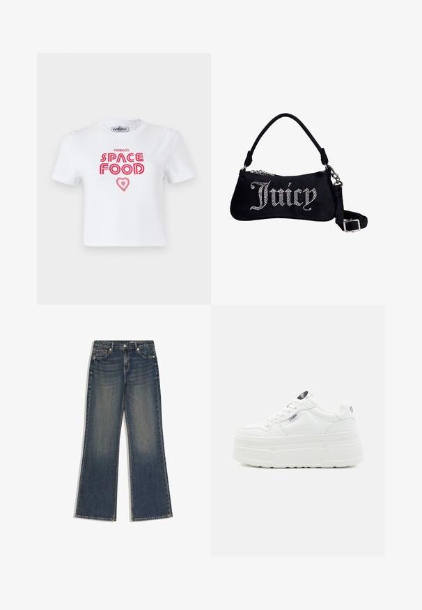 T-shirt en coton blanc avec un texte graphique rouge qui dit "NOURRITURE SPATIALE" avec un accent en forme de cœur, manches courtes et col rond.; Jean en denim bleu foncé avec une taille haute, jambes larges et droites, fermeture à boutons et fermeture éclair à l'avant, et design à cinq poches.; Baskets plateforme blanches avec un extérieur synthétique lisse, un bout arrondi, un col rembourré et une semelle texturée. Présente une étiquette logo contrastante.; Sac à épaule en velours noir avec "Juicy" écrit en strass, doté d'une poignée courte et d'une sangle amovible et réglable avec boucle en argent.