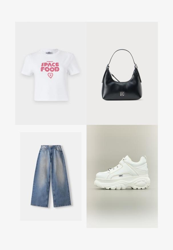 Weißes Baumwoll-T-Shirt mit rotem grafischem Text, der "SPACE FOOD" mit einem Herzakzent liest, kurze Ärmel und Rundhalsausschnitt.; Hellblaue Jeans mit weitem Bein und verblasster Vorderseite, Fünf-Taschen-Stil, Knopf- und Reißverschluss, flach auf einem weißen Hintergrund gelegt.; Weißer Plateausneaker mit dicker klobiger Sohle, Schnürung vorne und Buffalo-Markenlogo an der Seite, von der Außenseite gezeigt.; Schwarze Leder-Schultertasche mit einem einzelnen Griff, Reißverschluss und einem kleinen quadratischen silbernen Logo auf der Vorderseite.