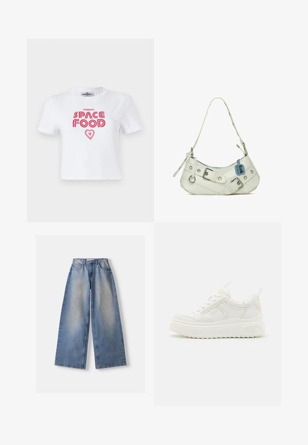 Hvid bomulds t-shirt med rød grafisk tekst, der siger "SPACE FOOD" med et hjerteaccent, korte ærmer og rund halsudskæring.; Lyseblå vidde jeans med falmet front, fem-lomme stil, knap- og lynlåslukning, lagt fladt på en hvid baggrund.; Hvide lædersneakers med en kraftig sål, snørebåndsdesign og subtil branding. Har en glat overflade og rund tå.; Hvid syntetisk håndtaske med en buet silhuet, justerbar rem, dekorativ spænde, sølv hardware og et blåt mærke fastgjort.