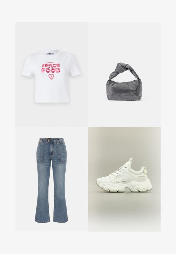T-shirt en coton blanc avec un texte graphique rouge qui dit "NOURRITURE SPATIALE" avec un accent en forme de cœur, manches courtes et col rond.; Jean en denim bleu à taille haute, poches plaquées à l'avant, fermeture par bouton et zip, et une silhouette de jambe légèrement évasée.; Baskets blanches épaisses avec semelle épaisse texturée, dessus en mesh et cuir, fermeture à lacets et languettes sur la languette et le talon.; Sac à main noir et argent avec une surface texturée affichant un motif en diamant, une anse nouée et une forme structurée.