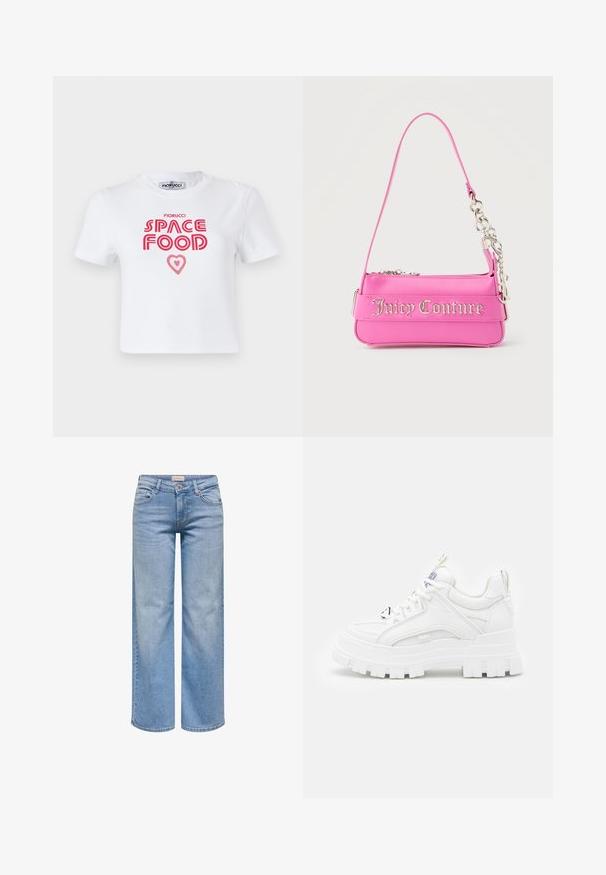 T-shirt en coton blanc avec un texte graphique rouge qui dit "NOURRITURE SPATIALE" avec un accent en forme de cœur, manches courtes et col rond.; Jean large bleu clair avec fermeture frontale par bouton et zip, poches avant et passants de ceinture.; Baskets blanches chunky avec une tige texturée, un col rembourré et une semelle épaisse à stries. Présente des lacets noirs contrastants et un détail de marque.; Petit sac à main Juicy Couture rose vif avec détail en chaîne argentée et lettrage du logo sur le devant, une seule bandoulière étroite.
