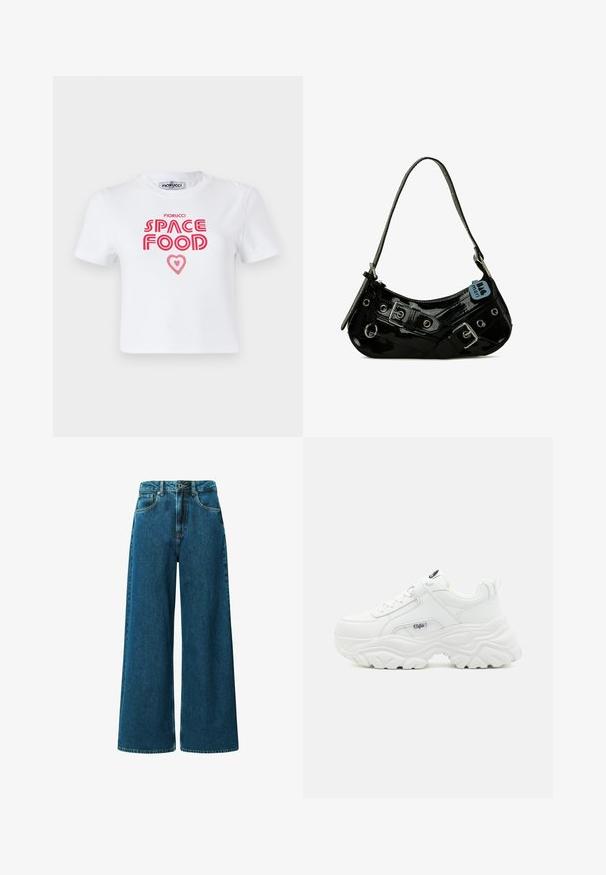 Camiseta de algodón blanca con un gráfico en rojo que dice "COMIDA ESPACIAL" con un acento de corazón, mangas cortas y cuello redondo.; Jeans de pierna ancha de talle alto, hechos de denim azul oscuro. Presentan cinco bolsillos, pasadores para cinturón y costuras visibles a lo largo de las costuras.; Zapatillas blancas voluminosas con parte superior de piel lisa, punta redonda y suela gruesa texturizada con un logo de la marca visible en el lateral.; Bolso de mano de charol negro con forma curva, que presenta herrajes plateados, hebillas decorativas y una correa corta. Etiqueta azul adjunta.