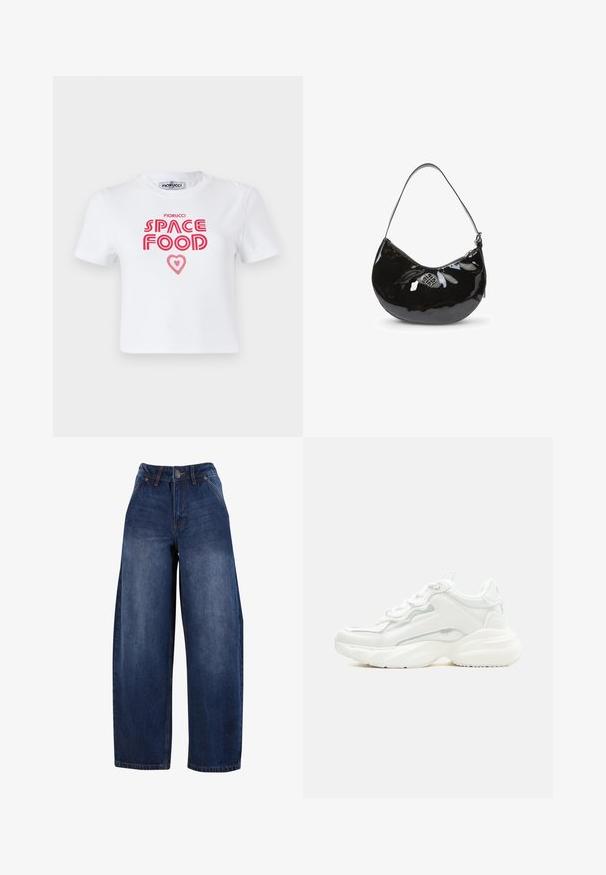 Hvid bomulds t-shirt med rød grafisk tekst, der siger "SPACE FOOD" med et hjerteaccent, korte ærmer og rund halsudskæring.; Mørke denim brede ben jeans med høj talje, fem-pockets design og knaplukning. Stoffet har en let falming og glat tekstur.; Hvid chunky sneaker med tyk sål, snørelukning foran og glat syntetisk overdel med subtile syningsdetaljer.; Sort patentlæder håndtaske med en buet form, enkelt skulderrem, lynlåslukning og et dekorativt metal logo. Glat tekstur.