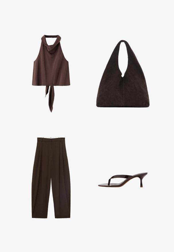 Brun ærmeløs halterneck-top med høj hals og bindebånd, der hænger ned bagpå, lavet af glat stof.; Brune højtaljede bukser med folder, lavet af glat stof. Løs pasform, straight leg design, med bæltestropper og lynlås.; Sort laklæder sandal med tårem og en slank mellemhøj kittenhæl, vist fra siden på en hvid baggrund.; Blød mørkebrun trekantet skuldertaske med ét bredt håndtag øverst og en glat overfladestruktur.