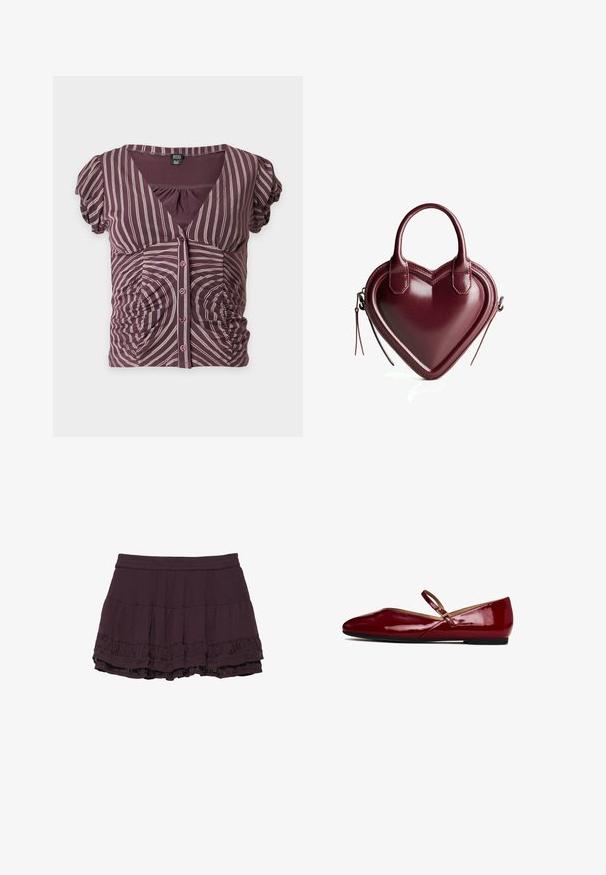 Kortemouwwitte paarse blouse met verticale en gebogen witte strepen, V-hals, knoopsluiting aan de voorkant en gerimpelde zijkanten.; Donkerpaarse korte rok met geplooide lagen en een geplooide elastische tailleband op een witte achtergrond.; Rode gepatenteerde leren balletschoenen met een ronde neus, een dunne band over de wreef en een vlakke zwarte zool. Gladde textuur en strakke afwerking.; Hartvormige handtas van bordeauxleer, met een gladde textuur, twee korte handvatten en een ritssluiting met een kwastaccent.