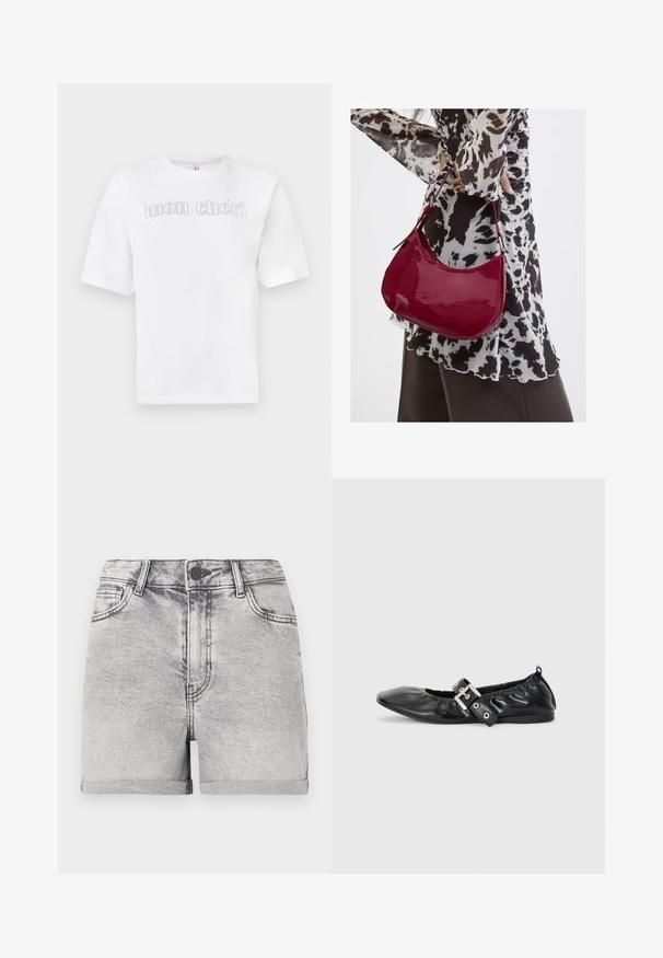 Wit katoenen T-shirt met korte mouwen, met de tekst "mon chéri" in een subtiel gestippeld patroon over de voorkant.; Grijze denim shorts met opgerolde zomen, vijf-pocket ontwerp en een centrale knoopsluiting. Soepele textuur met subtiele vervagingsdetails.; Zwarte leren platte schoen met een spitse neus, geplooide details rond de opening en een zilveren gespaccentueerde verstelbare band.; Vrouw met een zwart-wit gebloemde blouse houdt een glanzende rode schoudertas vast tegen een effen achtergrond.