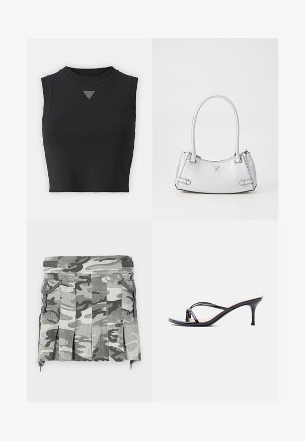 Čierny bezrukávový crop top vyrobený zo štruktúrovanej tkaniny, s vysokým výstrihom a strieborným trojuholníkovým dekoratívnym akcentom vpredu.; Sukňa v maskáčovom vzore v odtieňoch šedej a čiernej, so skladmi, dvomi bočnými vreckami a zipsom na leme.; Čierna sandála na podpätku z lakovanej kože s tenkými prekríženými remienkami a úzkym stredne vysokým ihličkovým podpätkom na bielom pozadí.; Strieborná kabelka so štruktúrovaným dizajnom, s dvoma ušami, lesklou textúrou, akcentovaným hardvérom a trojuholníkovým logom na prednej strane.