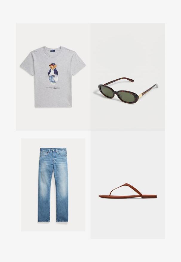 Hellgraues T-Shirt mit einem Bären, der Jeans, Jacke, Sneakers, Baseballkappe trägt und eine weiße Tasche hält, mit dem Schriftzug Polo Bear von Ralph Lauren.; Hellblaue Straight-Leg-Denim-Jeans mit leichtem Verblassen, Fünf-Taschen-Design und sichtbarem Polo-Markenlabel am Bund.; Braune flache Sandale mit dünner Sohle und minimalistischem Zehensteg-Design vor einfachem hellem Hintergrund.; Ovale Sonnenbrille mit dunkelgrünen Gläsern, braunem Schildpattgestell und dünnen Bügeln, dargestellt auf weißem Hintergrund.