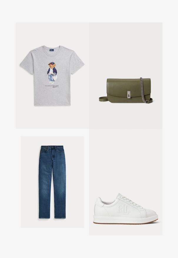 Vaaleanharmaa T-paita, jossa on karhu farkuissa, takissa, lenkkareissa ja lippalakissa sekä valkoinen laukku kädessään. Tekstinä Polo Bear by Ralph Lauren.; Suorat siniset denim-farkut, joissa on viisi taskua, nappisuljenta ja hienovarainen haalistuma reiden ja polvien kohdalta, asetettuna tasaisesti valkoiselle taustalle.; Valkoinen nahkainen matalavartinen tennari, jossa edestä nauhakiinnitys ja kohokuvioitu RLL-logo sivussa, vaaleanruskea uurrettu pohja.; Oliveenvihreä nahkainen käsilaukku, jossa läpällinen suljenta, hopeanväriset metalliosat ja irrotettava ketjuhihna. Sileä pinta, suorakaiteen muotoinen.