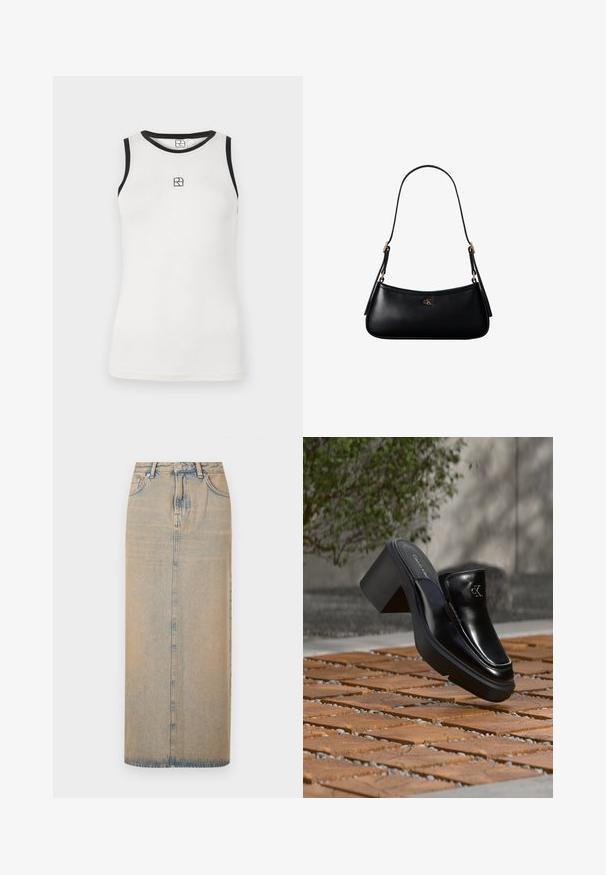 Hvid ærmeløs tanktop med sort kant rundt om halsudskæringen og armhullerne. Har et lille sort logo foran. Blødt bomuldsstof.; En lang denimnederdel i lyseblå med lige snit. Har fem lommer, bæltestropper og knaplukning foran. Fadede tekstur over det hele.; Sort læder Calvin Klein slip-on mule med blokhæl, der hviler på trætøj udendørs nær en grøn plante og en grå væg.; Sort læder mini skuldertaske med tynd rem og lille gyldent CK-logo på fronten i midten.