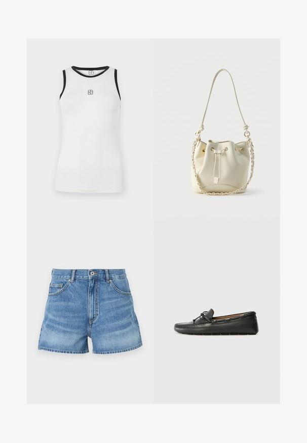 Weißes ärmelloses Tanktop mit schwarzem Saum am Halsausschnitt und an den Armlöchern. Mit kleinem schwarzem Logo auf der Front. Weiches Baumwollmaterial.; Helle blaue Jeansshorts mit hoher Taille, fünf Taschen und rohem Saum. Mit einem Metallknopf und Kontrastnähten an den Nähten.; Schwarze Lederbootsschuhe mit rundem Zehenbereich, gestickten Details, kleinem Schleifenakzent und Gummisohle. Glatte Textur und schlankes Design.; Ecru-farbene Bucket Bag aus Leder mit Zugbandverschluss, geflochtener Kette und Leder-Schulterriemen sowie goldfarbenen Ösen.