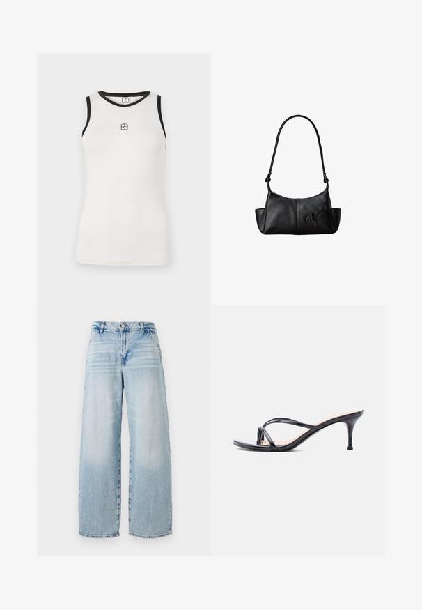 Camiseta sin mangas blanca con ribete negro alrededor del escote y las aberturas de las mangas. Presenta un pequeño logo negro en la parte delantera. Material de algodón suave.; Jeans de mezclilla azul claro de pierna ancha con una cintura alta, efecto de desgaste sutil, dobladillo sin terminar y diseño clásico de cinco bolsillos.; Sandalia de tacón de charol negro con tiras finas cruzadas y un tacón de aguja delgado de altura media, sobre un fondo blanco.; Bolso de hombro de cuero negro con correa larga, bolsillos laterales y logo de Calvin Klein en relieve en la parte delantera.