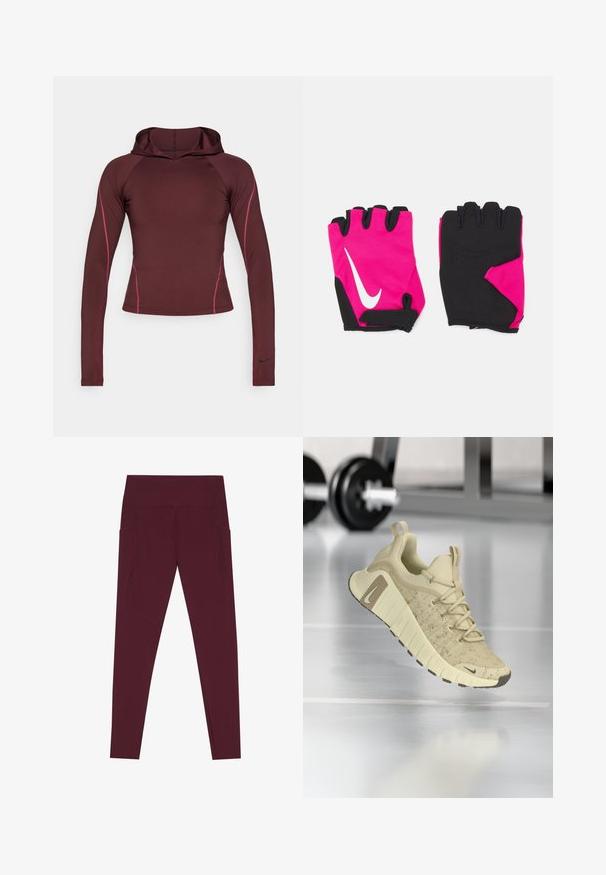 Haut à capuche long en maroon fabriqué en matériau extensible, avec des coutures latérales roses et un petit logo Nike noir sur le poignet.; Leggings bourgogne taille haute, pleine longueur, avec poches latérales et coutures visibles le long des jambes, posées à plat sur un fond blanc.; Chaussure de sport beige avec une tige texturée, une semelle large et des accents marron. Comprend un design à lacets et un logo de marque bien en vue.; Gants courts roses avec des accents noirs, arborant un logo Nike blanc, des paumes rembourrées et un design sans doigts pour une meilleure adhérence et flexibilité.