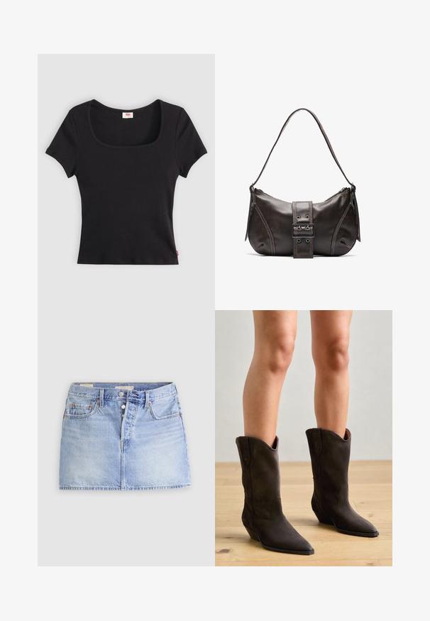 Sort kortærmet top lavet af ribbet stof, med en bred firkantet udkæring og en tætsiddende pasform, udstyret med et lille rødt logo-tag nederst.; Lyseblå denim mininederdel med knapper foran, bæltestropper og to forlommer på en ensfarvet lys baggrund.; Pavement NIKKI - Cowboy- / bikerstøvler - brown; Brun læder skuldertaske med en buet form, der har et fremtrædende spænde, kontrasterende syninger og en enkelt skulderrem.