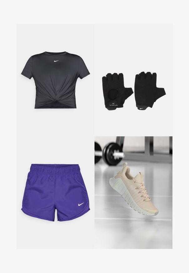 Čierne atletické tričko z hladkej tkaniny s krátkymi rukávmi, uzlíkovým detailom vpredu a bielym logom Nike na hrudi.; Fialové športové šortky vyrobené z hladkej látky, s elastickým pásom a bielym logom Nike na spodnej pravej strane.; Ľahká teniska v jemnej béžovej farbe. Má textúrovaný zvršok, ploché šnúrky a hrubú, ryhovanú podrážku s jemnými prvkami značky.; Čierne prstové rukavice bez prstov s textúrovaným dizajnom. Vyrobené z priedušného materiálu, s otvorom na palec a zosilnenou dlaňou pre lepší úchop.