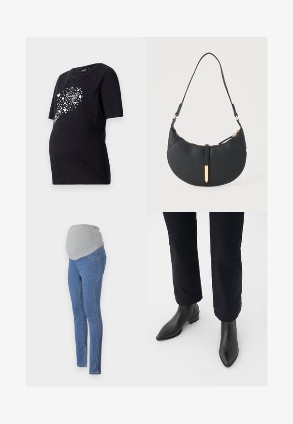 Sort graviditetst-shirt med korte ærmer, der har en hvid grafik af hjerter og teksten "Ready to Pop." Lavet af blødt bomuldsmateriale.; Graviditetsjeans med en tætsiddende design, blåt denimstof og en blød grå jersey-linning for komfort. Har baglommer og en slim fit.; Sorte læder ankelstøvler med spids tå, blokhæl og teksturerede sidepaneler, båret med mørke bukser mod en hvid baggrund.; Sort håndtaske formet som en halvmåne med en enkelt rem, guld lynlås og en guldfarvet rektangulær dekorativ fane foran.