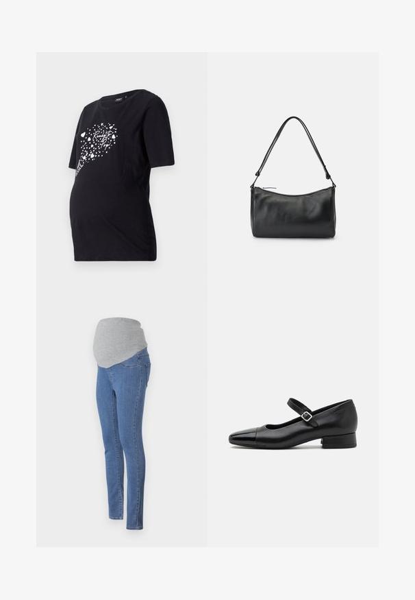 T-shirt de maternité noir à manches courtes avec un graphique blanc de cœurs et le texte "Prête à éclater". Fabriqué en coton doux.; Jeans de maternité avec un design ajusté, en denim bleu et une ceinture en jersey gris doux pour plus de confort. Dotés de poches arrière et d'une coupe slim.; Chaussures Mary Jane en cuir noir avec un embout en vernis, une sangle cheville réglable et un petit talon carré. Texture lisse et design élégant.; Sac à épaule en cuir noir avec une texture lisse, une forme incurvée et une longue anse, doté d'une fermeture éclair en haut.