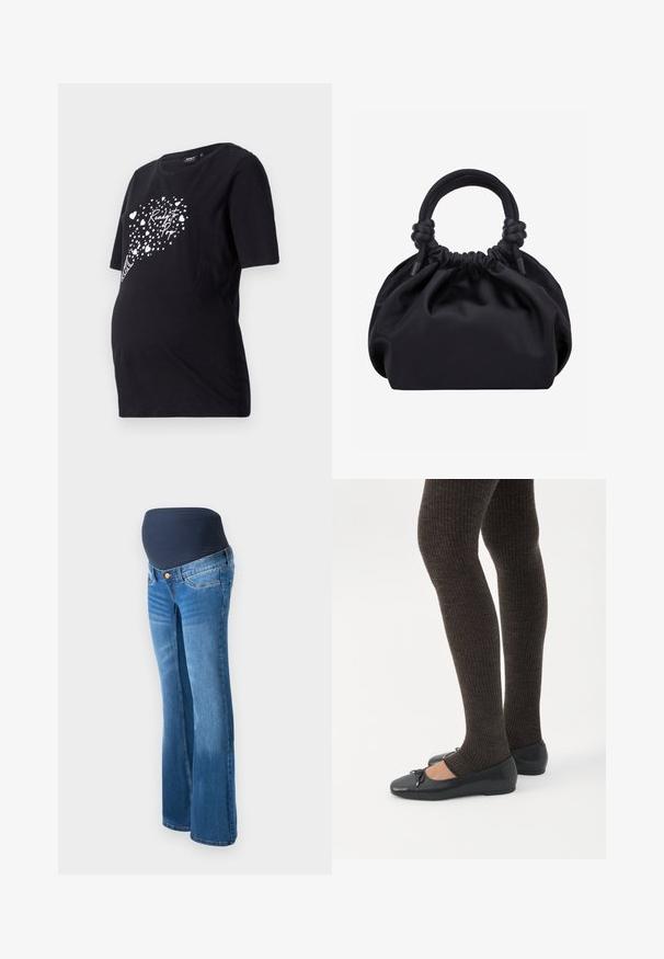 Sort graviditetst-shirt med korte ærmer, der har en hvid grafik af hjerter og teksten "Ready to Pop." Lavet af blødt bomuldsmateriale.; Graviditetsjeans lavet af blå denim, med en mørkeblå strækpanel i taljen, udfoldede ben og klassisk fem-lomme design.; Ben iført mørke ribbede leggings kombineret med sorte balletsko med små sløjfedetaljer på hvid baggrund.; Sort blød stofhåndtaske med samlet top og cirkulære polstrede håndtag bundet med knuder på hver side.