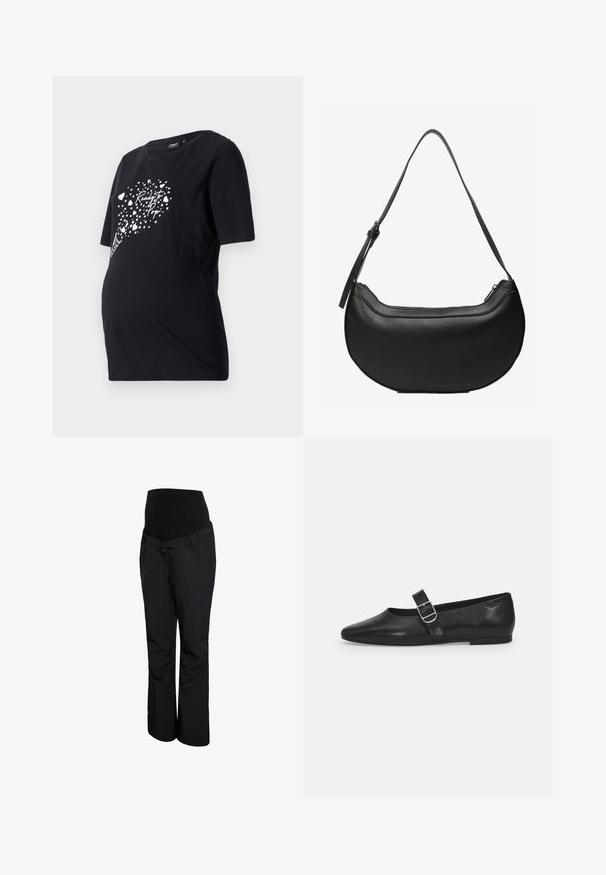 Camiseta de maternidad negra con mangas cortas que presenta un gráfico blanco de corazones y el texto "Listos para nacer". Confeccionada en suave algodón.; Pantalones de maternidad negros con una pretina alta y elástica, diseño de pierna recta y textura suave. Sin patrones visibles ni detalles de herrajes.; Zapato plano de cuero negro con punta redondeada, una sola correa ajustable con hebilla y una textura suave y brillante. Diseño minimalista con un tacón bajo.; Bolso de cuero negro con forma de media luna, con una larga correa ajustable y cierre superior con cremallera.