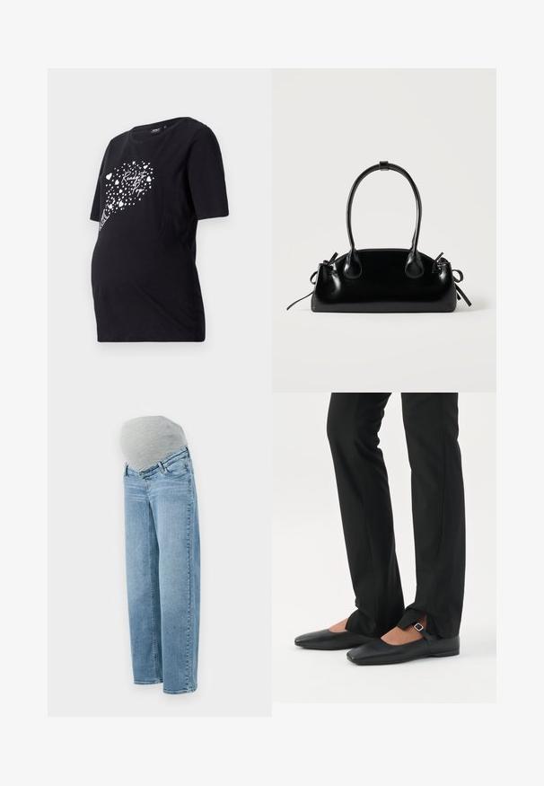 Sort graviditetst-shirt med korte ærmer, der har en hvid grafik af hjerter og teksten "Ready to Pop." Lavet af blødt bomuldsmateriale.; Graviditetsjeans med en lys blå vask, afslappet pasform og grå elastisk mavebånd for komfort og fleksibilitet under graviditeten.; Ben iført sorte smalle bukser med forreste slidser ved kanten, parret med sorte flade Mary Jane-sko med lille spænde.; Lille sort blank håndtaske med to lange håndtag og snøre-detaljer i siden på en ensfarvet lys baggrund.
