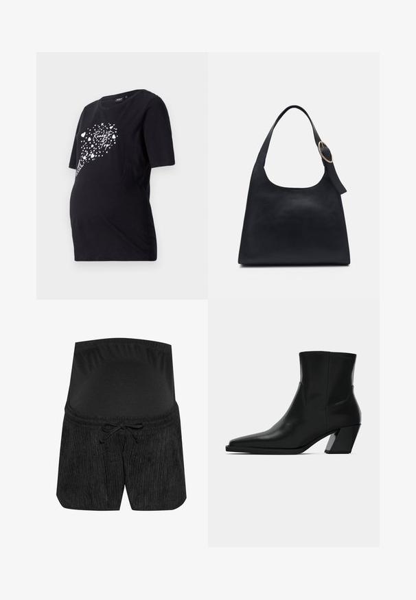 Sort graviditetst-shirt med korte ærmer, der har en hvid grafik af hjerter og teksten "Ready to Pop." Lavet af blødt bomuldsmateriale.; Sorte graviditetsshorts med et tekstureret design, snørelukning i taljen og en glat, elastisk talje. Blødt stof for komfort.; Sortlæder ankelstøvle med spids tå, en slank silhuet og en kraftig firkantet hæl. Glat tekstur med minimale stikninger.; Sort læder tote taske med en glat overflade, rund form og en enkelt skulderrem med et cirkulært guld hardware-ornament.