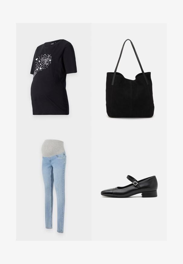 Sort graviditetst-shirt med korte ærmer, der har en hvid grafik af hjerter og teksten "Ready to Pop." Lavet af blødt bomuldsmateriale.; Graviditetsbukser i lys blå denim med en blød grå stræk-linning. Har slim fit og klassisk fem-lomme design.; Sorte læder Mary Jane-sko med en patenttå, justerbar ankelrem og lav blokhæl. Glat tekstur og strømlinet design.; Sort ruskinds totemed med to lange, flade læderremme. Har en buet topkant og synlige stikninger langs forsiden. Ingen hardware-dekorationer.