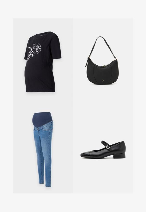 Sort graviditetst-shirt med korte ærmer, der har en hvid grafik af hjerter og teksten "Ready to Pop." Lavet af blødt bomuldsmateriale.; Graviditetsjeans med en blå elastisk talje og slim-fit ben, lavet af lys blå denim med lidt falmning og standard baglommer.; Sorte læder Mary Jane-sko med en patenttå, justerbar ankelrem og lav blokhæl. Glat tekstur og strømlinet design.; Sort læderhåndtaske med en buet form, struktureret overflade, forreste syninger og et logo i guldfarve. Har en enkelt justerbar rem.