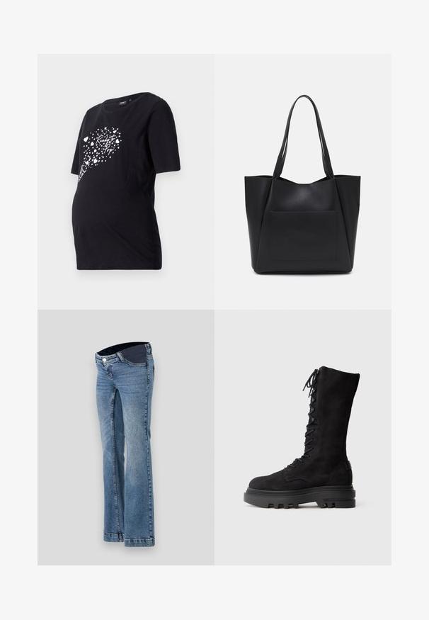 Schwarzes Schwangerschafts-T-Shirt mit kurzen Ärmeln, das eine weiße Grafik von Herzen und den Text "Bereit zum Platzen" zeigt. Hergestellt aus weichem Baumwollmaterial.; Hellblaue Jeans aus Denim mit einem Schlagdesign, ausgestattet mit einem dunklen Bund und Fünf-Taschen-Style, abgerundet mit sichtbaren Nähdetails.; Schwarze knielange Schnürstiefel aus Wildleder, mit einer dicken Gummisohle mit einem robusten Profil und Metallösen für die Schnürsenkel.; Schwarze Tragetasche aus glattem synthetischem Material, mit zwei langen Griffen und einer vorderen Taschenöffnung. Offenes Oberteil mit eckigem Design.