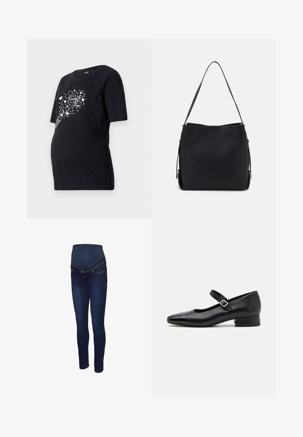 Sort graviditetst-shirt med korte ærmer, der har en hvid grafik af hjerter og teksten "Ready to Pop." Lavet af blødt bomuldsmateriale.; Mørkeblå graviditetsjeans med et strækbart panel ved taljen, slank pasform og klassisk fem-lomme design med kontrastsyninger.; Sorte læder Mary Jane-sko med en patenttå, justerbar ankelrem og lav blokhæl. Glat tekstur og strømlinet design.; Pieces PCBONY - Håndtasker - black