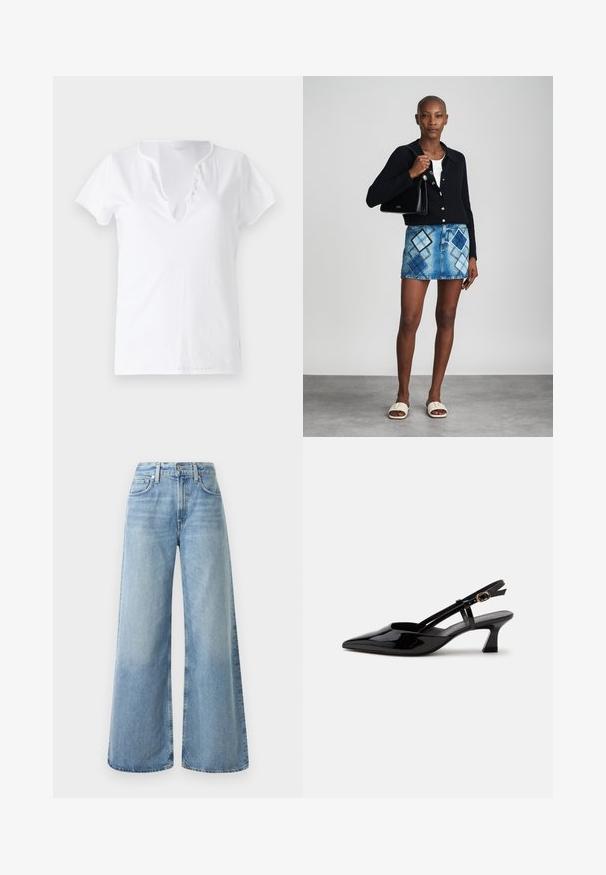 Camiseta de algodón blanca de manga corta, con un corte relajado y un escote en V que presenta una tapeta con cinco botones decorativos.; Jeans de mezclilla anchos de color azul claro con una cintura alta, que cuentan con cuatro bolsillos, un cierre de botón y un ligero desgaste en la tela.; Zapato slingback de charol negro con tacón bajo, punta puntiaguda y correa ajustable con hebilla dorada sobre fondo blanco.; Cárdigan negro de punto, blusa blanca, falda de mezclilla con patrón de diamantes en azul y negro, bolso negro y sandalias deslizantes beige.