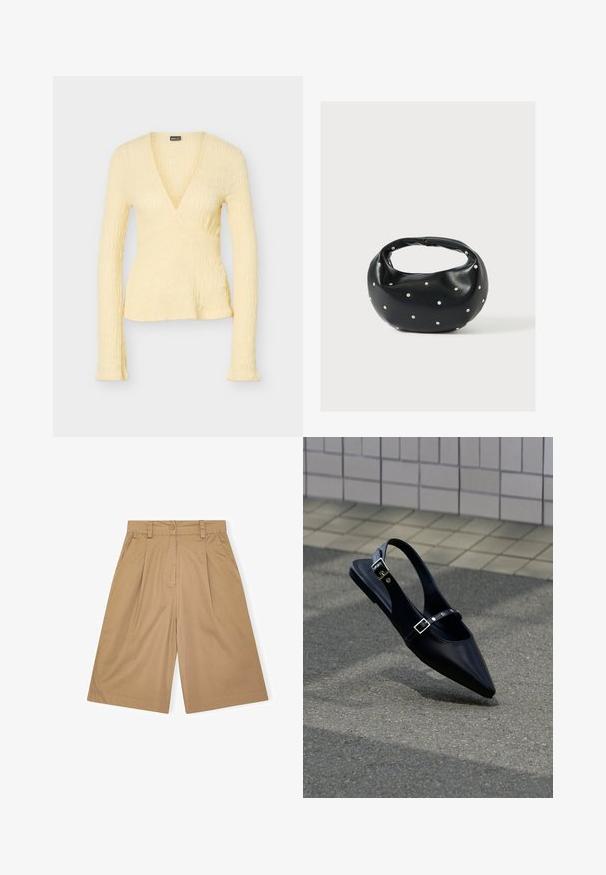 Vaaleankeltainen pitkähiha wrap-mallinen paita, jossa on teksturoitu kangas, syvä V-pääntie, istuva vyötärö ja hieman levenevä helma.; Beige puuvillahousut, joissa on rento malli, ja jotka sisältävät laskoksia, napin kiinnityksen ja sivutaskut. Silkkinen rakenne ja polvenpituinen muotoilu.; Musta, kärjestään soikea slingback-matalakantainen kenkä, jossa on kaksoissolkiset hihnat, lepää harmaalla asfaltilla laatoitetun seinän lähellä.; Musta nahkainen käsilaukku, jossa on pyöreä muoto, koristeltu hopeisilla niittikoristeilla ja lyhyt kahva. Sileä pinta ja vetoketjullinen suljenta.