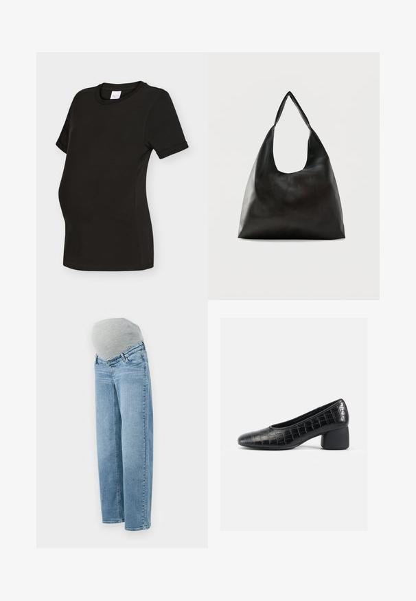 T-shirt de maternité noir à manches courtes avec col rond et côtés froncés pour l'élasticité et le confort.; Jean de maternité avec un délavage bleu clair, coupe relaxée et bande élastique grise pour le ventre, offrant confort et flexibilité pendant la grossesse.; Escarpin en cuir noir gaufré crocodile avec un bout rond, un petit talon carré et une texture lisse. Design simple et silhouette minimaliste.; Sac bandoulière en cuir noir lisse avec une large sangle unique et un design décontracté et minimaliste sur un fond uni.
