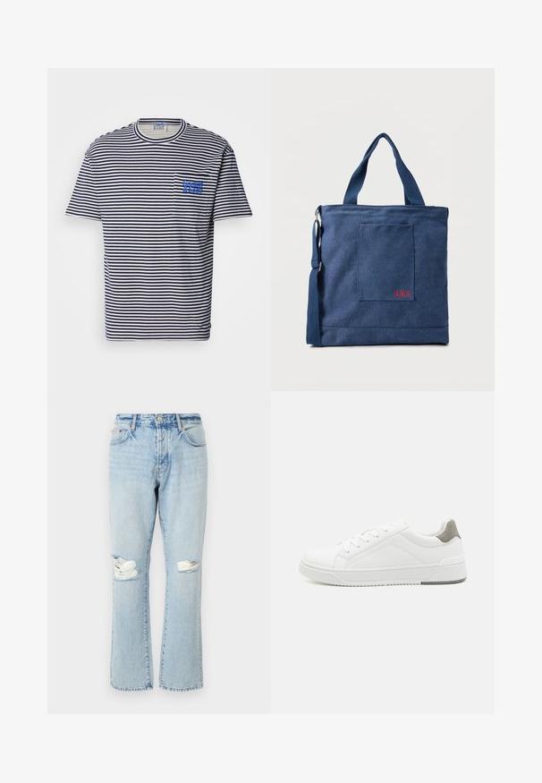 Scotch & Soda POCKET - T-shirts print - white / navy; Lyseblå slidte jeans med huller ved knæene, lige ben, fem lommer og denimstof med en falmet tekstur.; Hvid sneaker lavet af glat læder, rund tå, minimalistisk design, grå hælafsats og tekstureret gummisål.; Blå lærredstote taske med frontlomme og rød "O.N.S" broderi, med to håndtag og en justerbar skulderrem.