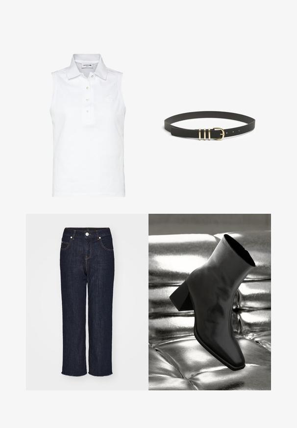 Polo sans manches blanc en coton. Comprend un col, un plastron à cinq boutons et un petit logo brodé sur la poitrine.; Jean en denim bleu foncé avec une coupe droite, cinq poches et un ourlet brut. Présente des coutures contrastées et un bouton métallique de fermeture.; Botte noire à la cheville en matériau brillant avec un bout carré et un talon effilé, sur un fond argenté brillant et capitonné.; Ceinture en cuir noir texturé avec une boucle en métal doré comportant trois barres horizontales et de nombreux trous d'ajustement.