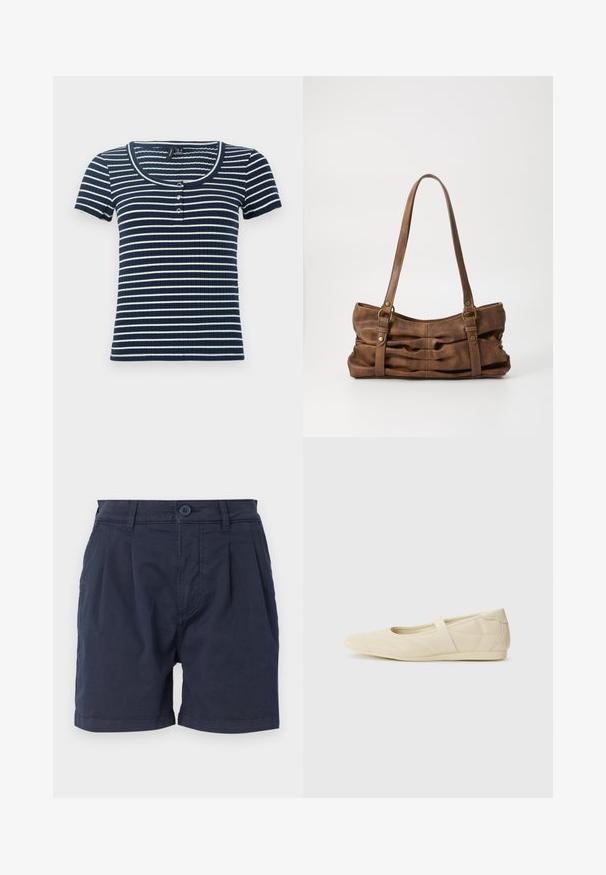 Navyblauw en witte gestreepte korte mouwen ribben top met een ronde halslijn en drie knoopsluitingen aan de voorkant. Zachte, aansluitende textuur.; Marineblauwe shorts van geweven stof, met een sluiting aan de voorkant met knoop, geplooid ontwerp en zijzakken. Schoon zoom aan de broekspijpen.; Beige ballerina's met een gladde leren buitenkant, amandelvormige punt en elastische band over de wreef, met subtiele stiksels.; Even&Odd Handtas - brown